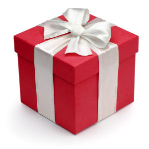 Red gift box with white ribbon and bow, isolated on the white background, clipping path included.
